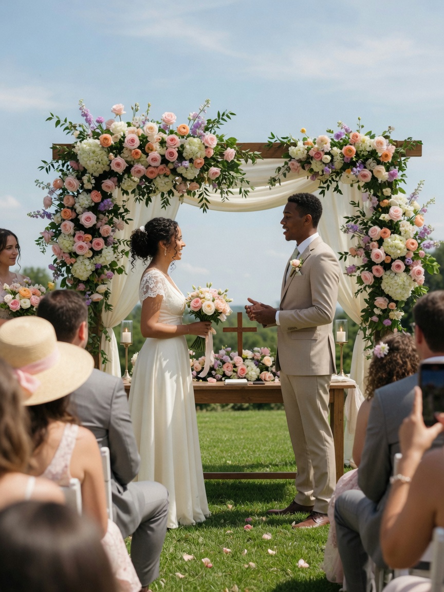 Couple saying vows under a flower-covered wedding arch