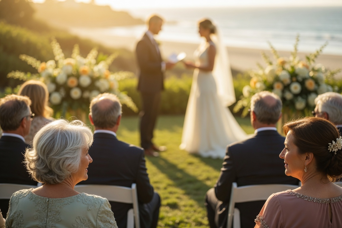 Couple exchanging vows by the ocean at sunset